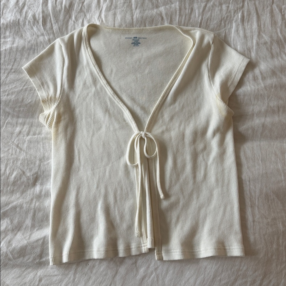 Cream Tie-Front Ribbed Top- brandy Melville